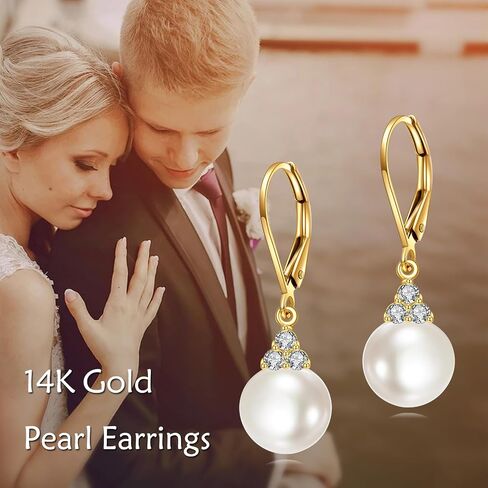 14K الصلبة الذهب لؤلؤ المياه العذبة قطرة Leverback أقراط للنساء الفتيات مكعب زركونيا اللؤلؤ تتدلى المجوهرات هدية (9MM لؤلؤ المياه العذبة) in Kuwait
