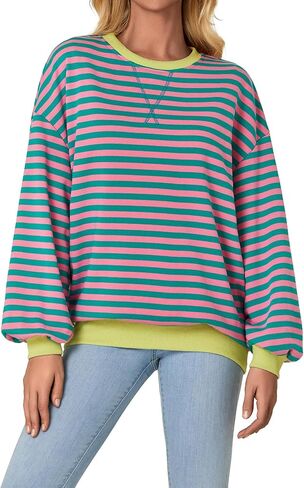 LYANER Women's Oversized Striped Color Block Long Sleeve Crew Neck Sweatshirt Casual Loose Pullover Shirt Top in Saudi Arabia
