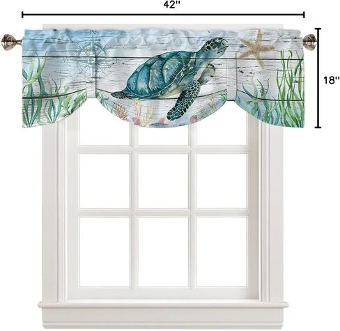 Underwater Sea Turtle Seaweed Tie Up Valance Curtain for Kitchen-Small Window Shade Valances Adjustable Rod Pocket Windows Treatment for Bathroom Decor Compass Starfish on Wood Plank,1 Panel 54x18in in Saudi Arabia