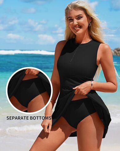 بدلة سباحة شارمو مع تنورة للنساء برقبة عالية وواقي من الطفح الجلدي، بدلة سباحة متواضعة بسحاب أمامي، أسود in Kuwait