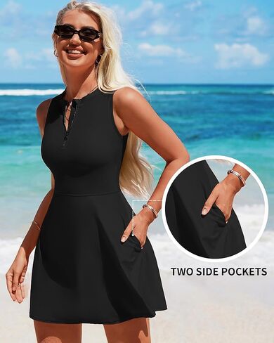 بدلة سباحة شارمو مع تنورة للنساء برقبة عالية وواقي من الطفح الجلدي، بدلة سباحة متواضعة بسحاب أمامي، أسود in Kuwait