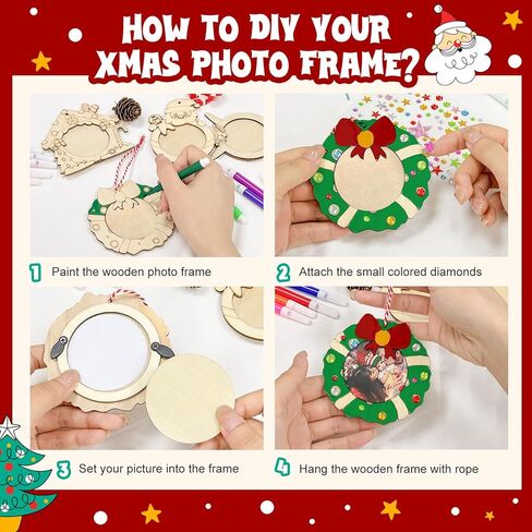 24 قطعة من زينة إطار صور عيد الميلاد من OurWarm، زخارف صور خشبية غير مكتملة للطلاء بالملصقات والأقلام الملونة، مجموعة صنع الحلي الخشبية المخصصة لديكورات المنزل الشجرية in Kuwait