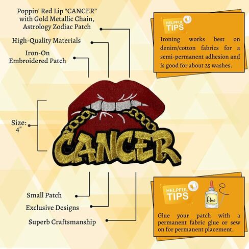 Poppin' Red Lip "Gemini" with Gold Metallic Chain, Size 4", Iron-On Embroidered Patch, Astrology Zodiac Patch, DIY in Kuwait