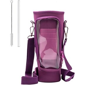 Water Bottle Holder with Strap - Neoprene Sleeve - Adjustable Shoulder and Hand Sling - Crossbody Carrier Bag Hiking Camping Gym - Phone Pocket Glass Straw and Brush - 40 oz Stanley Cup Accessories