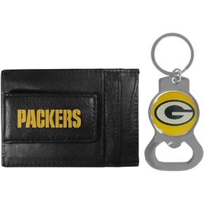 Siskiyou NFL Bottle Opener Keychain Bundle - Minimalist Leather ID Card Holder - Stay Organized & Show Off Your Team Spirit (Green Bay Packers - Black)