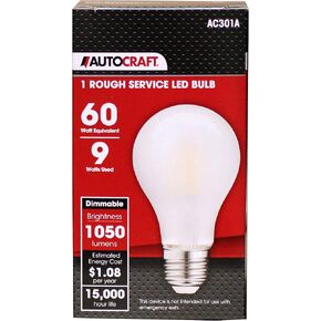 AutoCraft A19 Long-Life LED Dimmable Service Shop Light Bulb - 9 Watts (60w Equivalent) 120 VAC, 1050 Lumens, 15,000 Hour Lifetime, Long Lasting Brightness, Universal Fit, Ideal for Shops & Garages