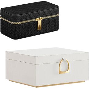 SONGMICS 2-Layer Jewelry Box Bundle with Watch Case, Jewelry Organizer with Removable Tray, 3-Slot Watch Travel Box, Gift Idea, White and Ink Black UJBC165W01 and UJWB017B01