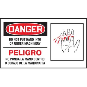 Accuform SBLEQM023XVE Spanish Bilingual Safety Label, Legend "DANGER DO NOT PUT HAND INTO OR UNDER MACHINERY/PELIGRO NO PONGA LA MANO DENTRO DE O BAJO DE LA MAQUINARIA" with Graphic, 4" Length x 7" Width x 0.006" Thickness, Adhesive Dura-Vinyl, Red/Black 