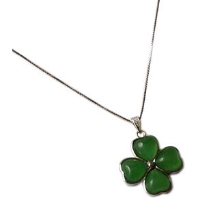 Four Leaf Clover Jade Pendant 925 Silver Necklace Natural Green Aventurine Good Luck St. Patrick's Day Spiritual Healing Protection, Sterling Silver, Jade
