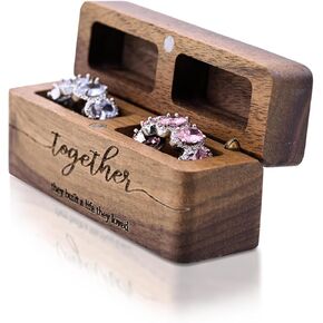 Wedding Ring Box-Slim Vintage Wooden Double Ring Bearer box for Proposal Engagement Ceremony –Rustic Keepsake Engraved Anniversary Birthday Ring Holder Gift (Together)