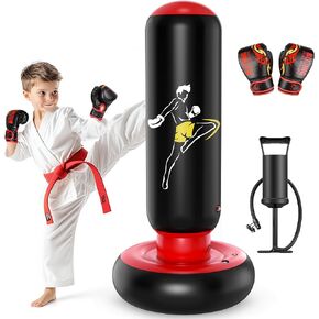 QPAU Kids Punching Bag Toy with Boxing Gloves, 66 Inch Larger Stable Kids Inflatable Boxing Bag Set, Gifts for Boys & Girls Age 6-12, for Practicing Karate, Taekwondo, MMA