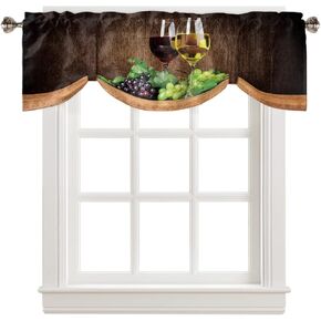 T&H XHome Tie Up Valances for Kitchen Windows, Glasses Wine Grapes on Rustic Wooden Grain Rod Pocket Curtain Valance Window Topper for Living Room, Adjustable Balloon Drape Valance, 42x12