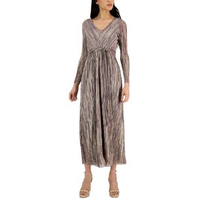 Anne Klein Women's V Neck Maxi Pleated Dress, Pink Blush/White, 2