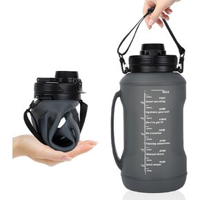 Collapsible 64oz Water Bottle with Handle & Straw - Spill-Proof Foldable Silicone Bottle for Men/Women (Blue, 2L)
