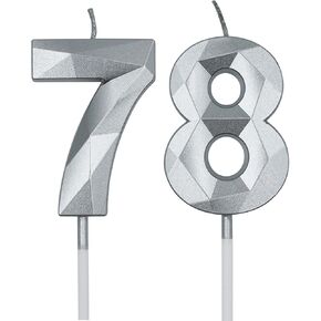 78th & 87th Birthday Candles for Cake, Silver Number 78 87 3D Diamond Shaped Candle Birthday Decorations Party Supplies for Women or Men