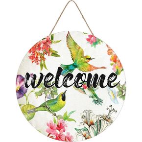 Welcome Spring Birds Sign for Front Door Decor, Floral Flowers Wood Door Hanger for Outdoor Outside Porch, Seasonal Farmhouse Wooden Wreath Indoor Wall Hanging Decoration