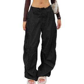 Neyaolk Parachute Pants for Women, Drawstring Elastic Low Waist Y2k Cargo Pants Women Baggy with Pockets