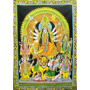 Crafts of India Goddess Durga Killing Mahishasura Sequins sitara Cotton Wall Hanging Painting : Size 43"x30" Inches