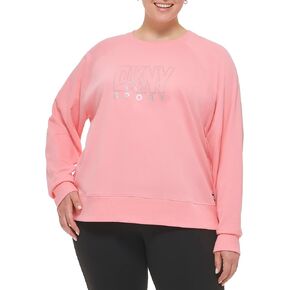 DKNY Women's Plus Crew Neck Rhinestone Outline Logo Top