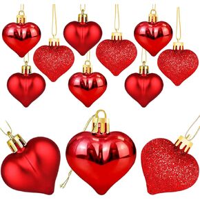 12 Pcs Heart Ornaments for Christmas Tree, 3 Styles Small Red Christmas Ornaments, Valentine Ornaments for Small Tree, Shatterproof Plastic Christmas Ornaments Set