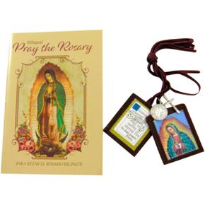 Westmon Works Traditional Brown Scapular Our Lady of Guadalupe with Pray The Rosary Book Gift Set