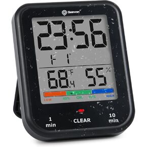 Geevon Digital Bathroom Clock, Waterproof Shower Clock Timer with Touch Screen, Battery Operated Kitchen Wall Clock Timer with Temperature & Humidity, Suction Cup/Hanging Hole/Stand (Black)