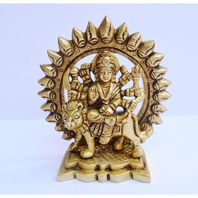 Brass Durga MATA Idol Murti (450gm, 4.25inch) Home Puja Mandir Indian Temple Decor Art Hindu Puja Durga Sculpture Sitting on Lion Blessing Statue Handicraft Religious Goddess Maa Symbol of Strength