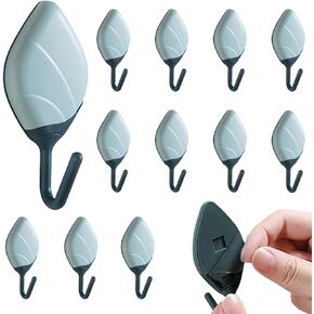 12 Pcs Adhesive Hooks,Cute Leaf Shaped Hooks for Wall Decorative,Plastic Hooks to Organize Kitchen Office Bathroom Items,Damage-Free Sticky Hooks (Green)
