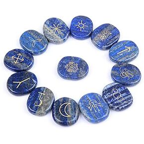 Lapis Lazuli Witches Runes, Healing Crystal Stone with Engraved Gypsy Symbol Reiki Balancing, 13 Pcs