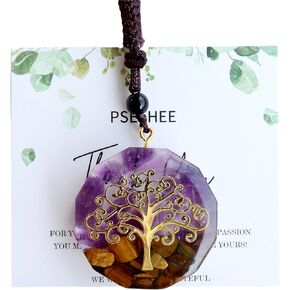 Amethyst &Tiger Eye Tree of Life Orgonite Chakra Healing Orgone Pendant Necklace, Reiki Spiritual Healing Crystals Stones Men Women