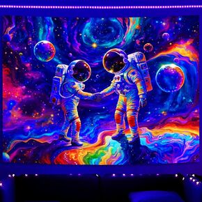 SparkLia Blacklight Astronaut Handshake Tapestry, UV Reactive Galaxy Colorful Space Wall Hanging Tapestries, Fantasy Starry Sky Glow in the Dark Poster Tapestry for Bedroom, Living Room - 59.1" x 80"