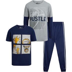 Pro Athlete Boys' Jogger Set - 3 Piece Knit T-Shirt, Long Sleeve Tee and Tricot Jogger Pants - Activewear Set for Boys (8-16)