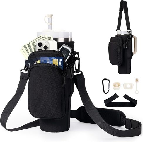 Stanley Cup Holder with Stretchable Strap, for Stanley Accessories 40 oz Tumbler with Handle, Stanley Cup Carrier Bag & Case, Water Bottle Holder Stanley Purse, Black in Saudi Arabia