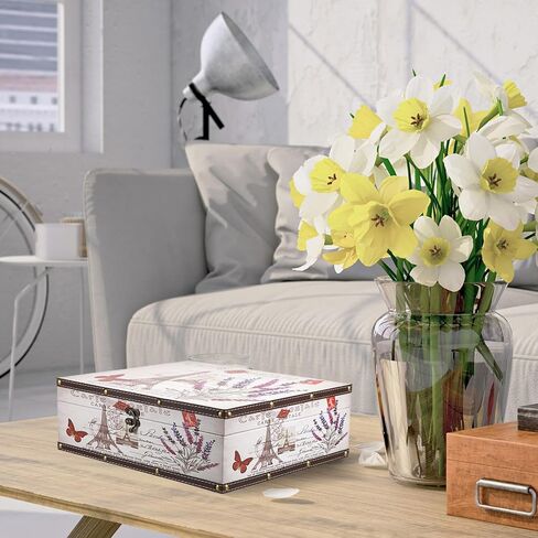 Hipiwe Vintage Treasure Chest Box Wooden + PU Leather Decorative Keepsake Box Large Wooden Storage Box Memento Case Box for Jewelry Photos Books Gift Box Home Decor, Lavender Pattern in Kuwait