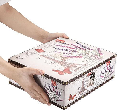 Hipiwe Vintage Treasure Chest Box Wooden + PU Leather Decorative Keepsake Box Large Wooden Storage Box Memento Case Box for Jewelry Photos Books Gift Box Home Decor, Lavender Pattern in Kuwait