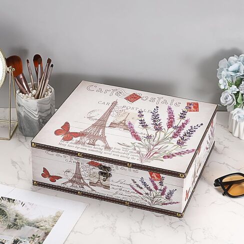 Hipiwe Vintage Treasure Chest Box Wooden + PU Leather Decorative Keepsake Box Large Wooden Storage Box Memento Case Box for Jewelry Photos Books Gift Box Home Decor, Lavender Pattern in Kuwait