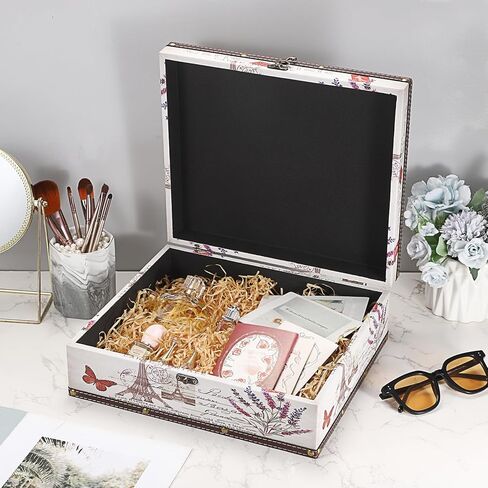 Hipiwe Vintage Treasure Chest Box Wooden + PU Leather Decorative Keepsake Box Large Wooden Storage Box Memento Case Box for Jewelry Photos Books Gift Box Home Decor, Lavender Pattern in Kuwait