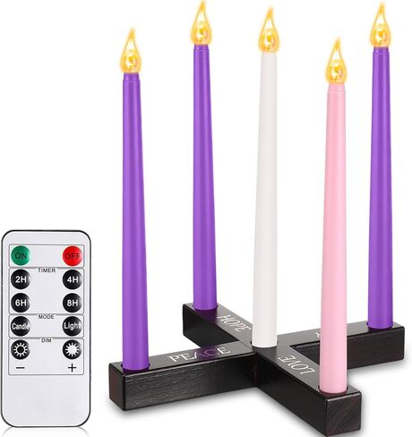 مجموعة من 5 شموع LED مقاس 10.6 بوصة مع حامل شموع متقاطعة شموع عيد الميلاد مع جهاز تحكم عن بعد، شمعة كاثوليكية عديمة اللهب بلاستيكية أرجوانية ووردية وأبيض للاحتفال بعيد الميلاد في الكنيسة in Kuwait