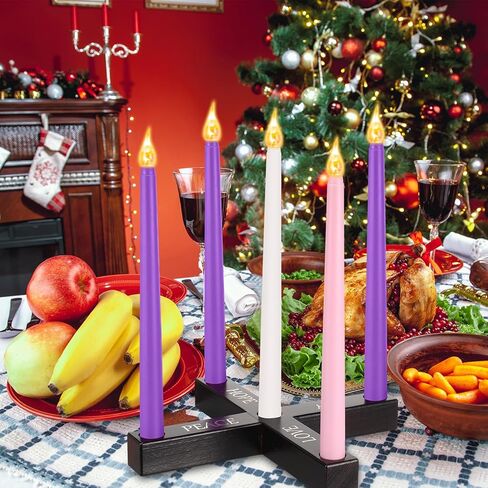 مجموعة من 5 شموع LED مقاس 10.6 بوصة مع حامل شموع متقاطعة شموع عيد الميلاد مع جهاز تحكم عن بعد، شمعة كاثوليكية عديمة اللهب بلاستيكية أرجوانية ووردية وأبيض للاحتفال بعيد الميلاد في الكنيسة in Kuwait