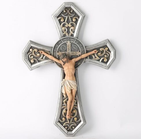 BC Catholic Medal Saint Benedict Crucifix Wall Cross, Jesus Christ Home Decor, Religious Gifts, Metal Carve Look, Sliver and Realistic Finish, 12"H Hand Painted by Buildclassic in Saudi Arabia