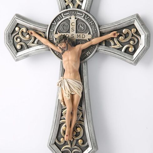 BC Catholic Medal Saint Benedict Crucifix Wall Cross, Jesus Christ Home Decor, Religious Gifts, Metal Carve Look, Sliver and Realistic Finish, 12"H Hand Painted by Buildclassic in Saudi Arabia
