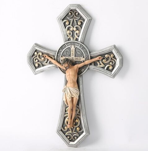 BC Catholic Medal Saint Benedict Crucifix Wall Cross, Jesus Christ Home Decor, Religious Gifts, Metal Carve Look, Sliver and Realistic Finish, 12"H Hand Painted by Buildclassic in Saudi Arabia