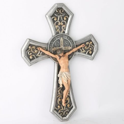 BC Catholic Medal Saint Benedict Crucifix Wall Cross, Jesus Christ Home Decor, Religious Gifts, Metal Carve Look, Sliver and Realistic Finish, 12"H Hand Painted by Buildclassic in Saudi Arabia