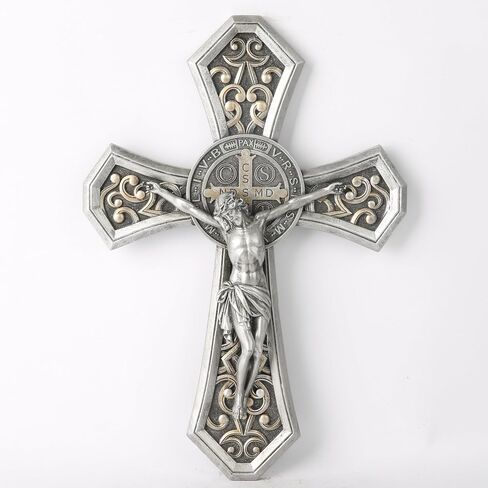 BC Catholic Medal Saint Benedict Crucifix Wall Cross, Jesus Christ Home Decor, Religious Gifts, Metal Carve Look, Sliver and Realistic Finish, 12"H Hand Painted by Buildclassic in Saudi Arabia