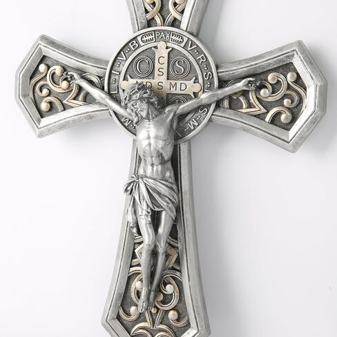 BC Catholic Medal Saint Benedict Crucifix Wall Cross, Jesus Christ Home Decor, Religious Gifts, Metal Carve Look, Sliver and Realistic Finish, 12"H Hand Painted by Buildclassic in Saudi Arabia