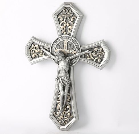 BC Catholic Medal Saint Benedict Crucifix Wall Cross, Jesus Christ Home Decor, Religious Gifts, Metal Carve Look, Sliver and Realistic Finish, 12"H Hand Painted by Buildclassic in Saudi Arabia
