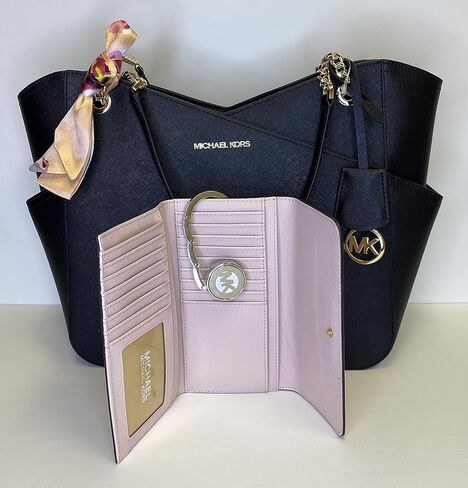 Michael Kors MICHAEL Michael Kors Jet Set Travel Large Chain Shoulder Tote bundled Jet Set Travel Trifold Wallet (Electric Pink Colorblock) in Kuwait