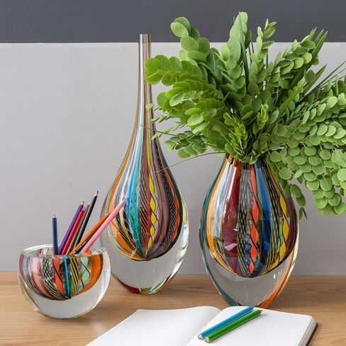 Cá d'Oro Drop Glass Vase Hippie Colored Canes Hand Blown Murano-Style Art Glass - Model Tall in Kuwait