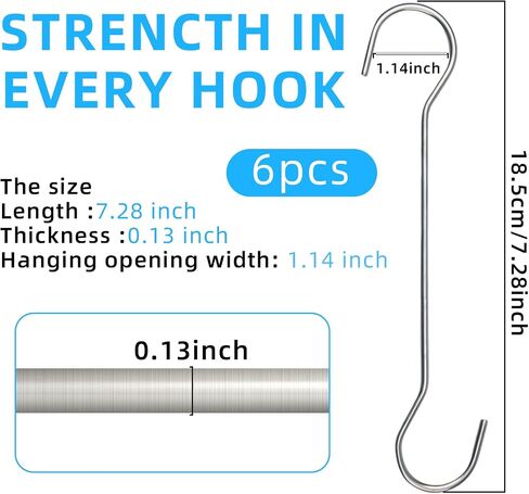 6 Pack S Hooks for Hanging 7.3 inch Large S Hooks Heavy Duty S Shaped hooks for Hanging Plant,S Hooks for Kitchenware,Utensils,Pots and Pans Closet Garden Patio Indoor Outdoor in Saudi Arabia