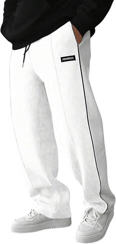 Verdusa Men's Wide Leg Letter Patched Elastic Drawstring Waist Sweatpants with Slant Pocket in Saudi Arabia